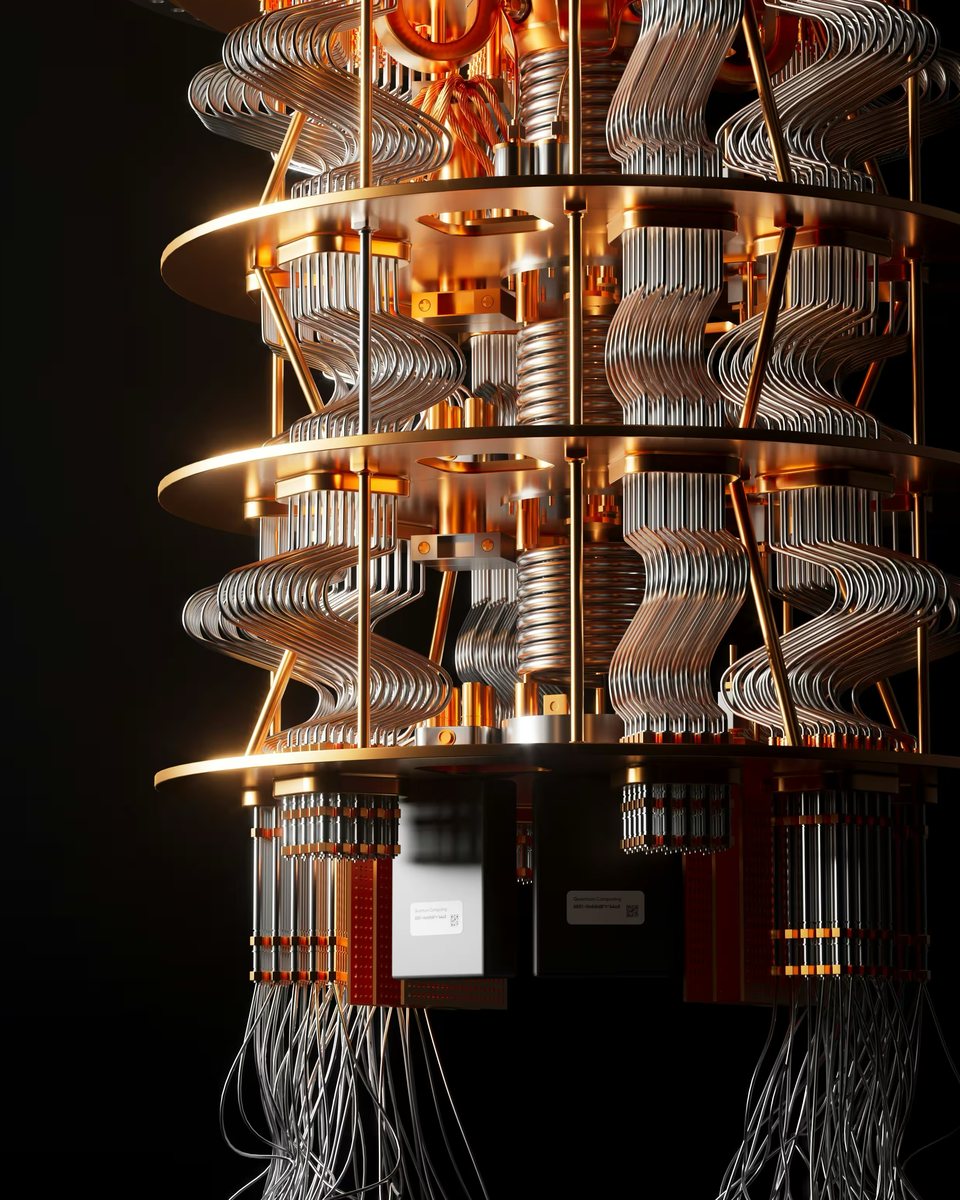 The lower stages of a dilution refrigerator, the cooling assembly that holds superconducting qubits near absolute zero. Gold-plated circular plates are stacked on slender posts, threaded with coiled copper and steel tubing, with bundled wiring descending from the base into darkness.